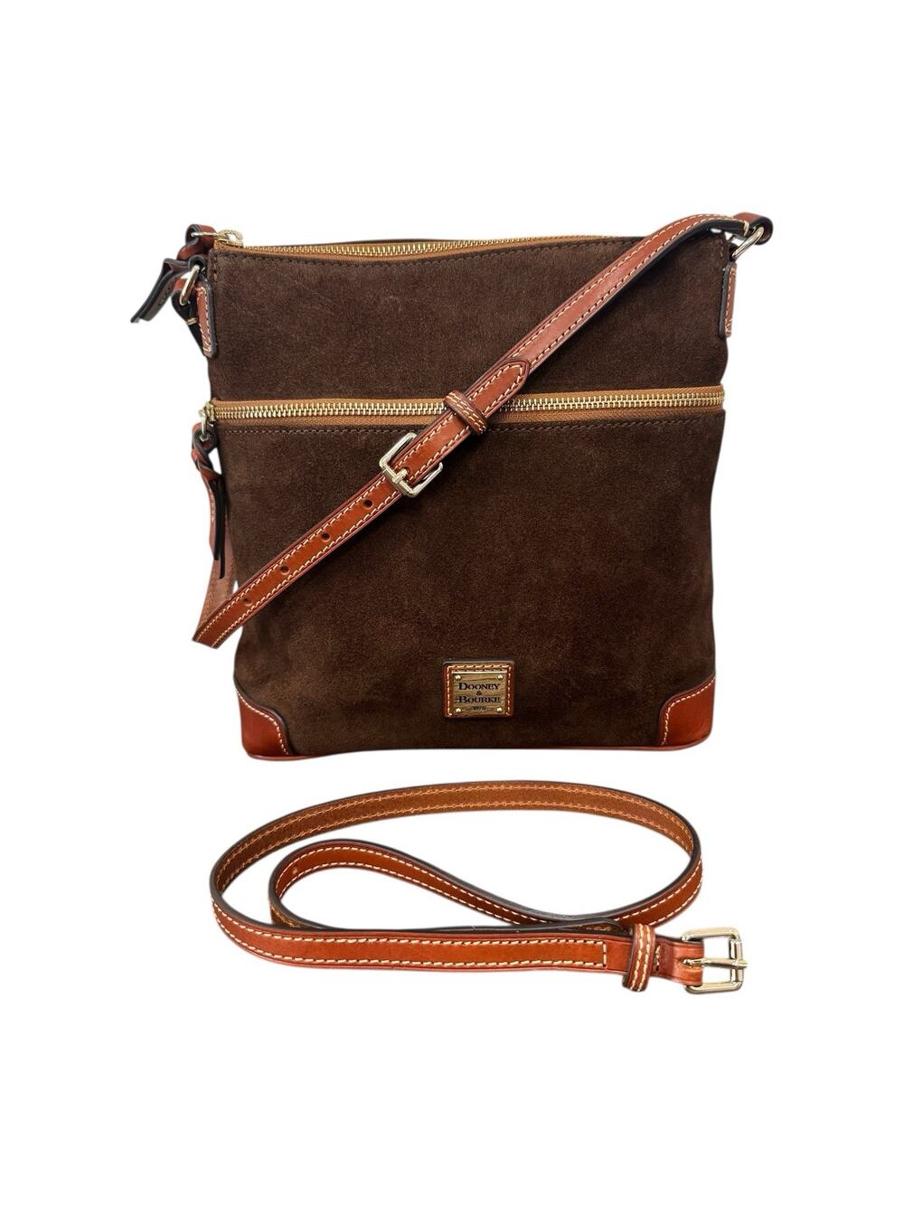 Dooney & Bourke Suede Leather Crossbody Bag Brown Red Lining Adjustable Strap